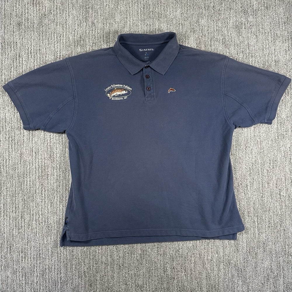 SIMMS Mens XL Short Sleeve Blue Fishing Polo Shirt 3XDRY Embroidered Fish Cotton